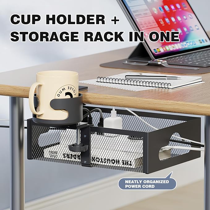 Cup Holder Under Desk Drawer 360° Swivel C-clamp Mounting Mesh Storage Box Spill-proof Easy Install Table Management Tray