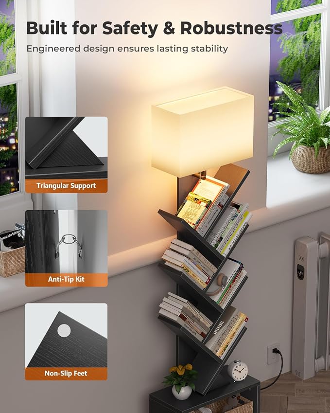 Evermagin 6 Tier Tree Bookshelf with Light, Bookcase, Black | Narrow Tower Design, Storage Cabinet for Book Organization, Tall Floor Standing Use, Living Room, Bedroom and Home Office