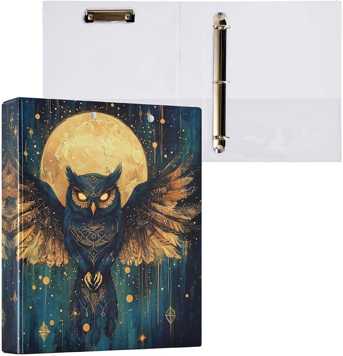 3 Ring Binder Owl Moon Moth Moon 1.5 inch Binders Three Ring Binders with Clipboard Fit 8.5'' x 11'' Paper 3 Interior PVC Clear Pockets for Office Supplies