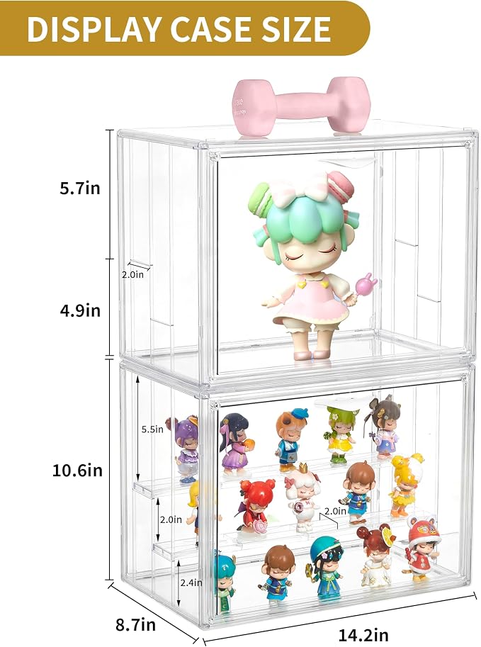 3 Layer Acrylic Display Case Stackable Clear Box for Collectibles,2 Pack | Removable Adjustable Partitions & Magnetic Door,Interlocking Stable Design,Dustproof Cover for Figurine Storage