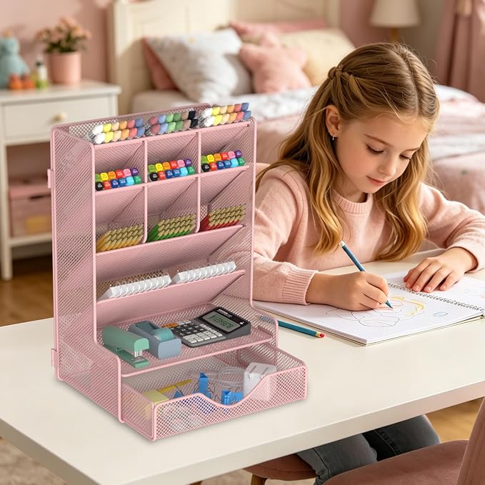 BOHDK Pen Organizer for Desk, Multi-Functional Desk Organizer, Wall Mount Pen Holder with Drawer for School, Office, Home, Art Supplies, Pink