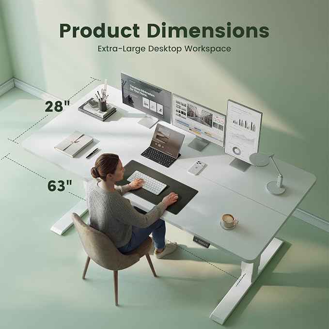 CubiCubi 63 x 28 Large Electric Standing Desk, Height Adjustable, White | 28" Deep Desktop, Sit Stand up Home Office Desk, Computer Workstations, Advanced Motor, High-Strength Frame, 176 lbs Capacity