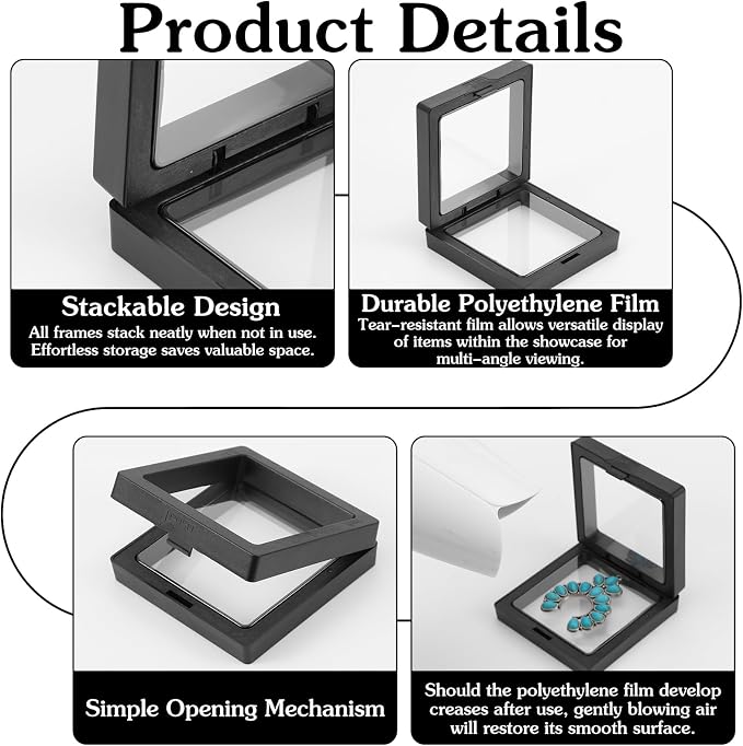 60 Pcs 3D Floating Display Case, 2.8 x 2.8 x 0.8 Inch Transparent Film 3D Floating Coin Display Frame Holder Stands for Challenge Coins, Jewelry, Shells, Gems, Rocks, Fossils, Specimen, Black