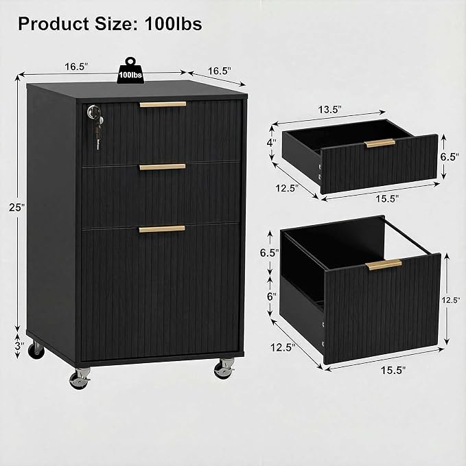 3 Drawers Fluted Mobile File Cabinet with Lock, Rolling File Cabinet Printer Stand Table, Under Desk Wooden Filing Cabinets for Home Office Essentials Storage Organization Furniture Letters/A4(Black)