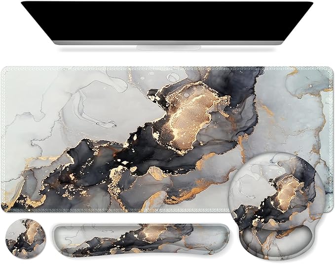 iCasso Grey Marble Mouse Mat 35.4"x15.7", Computer Pad for Teacher | Classroom Ergonomic Desk Pad Featuring Keyboard Wrist Rest, Vintage Mousepad Set for Table Home Computer Setup