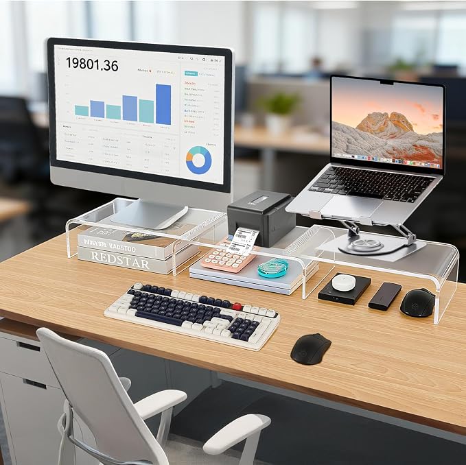 LEKETREE Acrylic Monitor Stand , Clear Monitor Stand for Desk, Computer Accessories for Home Office, Desk Organizer Shelf for Laptop, PC, Multi Media and more