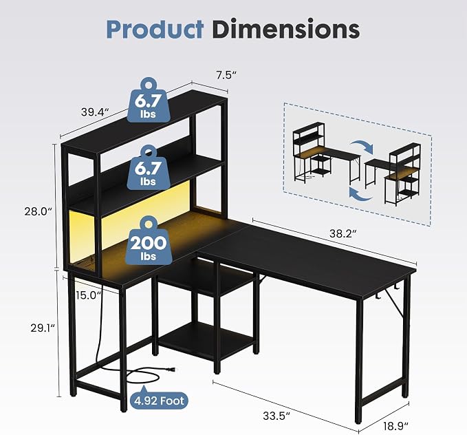 DUMOS L Shaped Desk, Gaming Desk, Power Outlet, 53 Inch | Reversible Corner Computer Table, Adjustable Shelf CPU Stand, Home Office Writing Table, LED, Black
