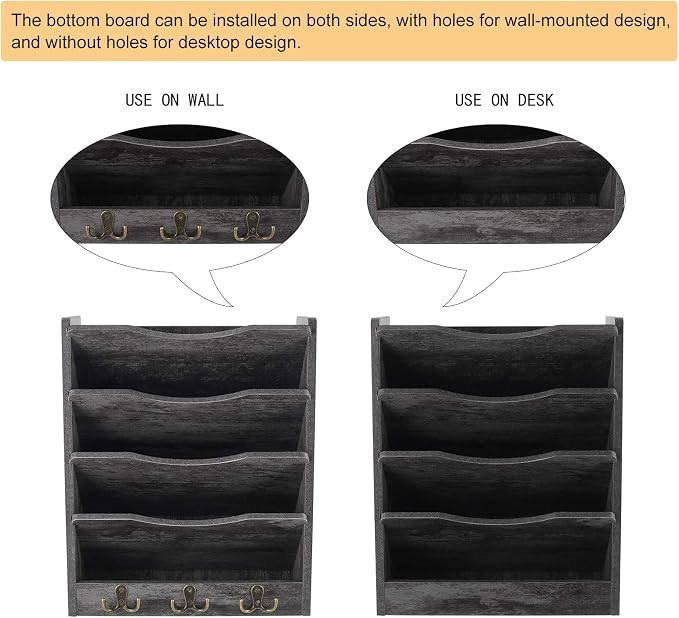 5-Tier Wall File Holder Hanging Mail Organizer Wood Magazine Literature Rack with 6 Hooks, Dark Gray