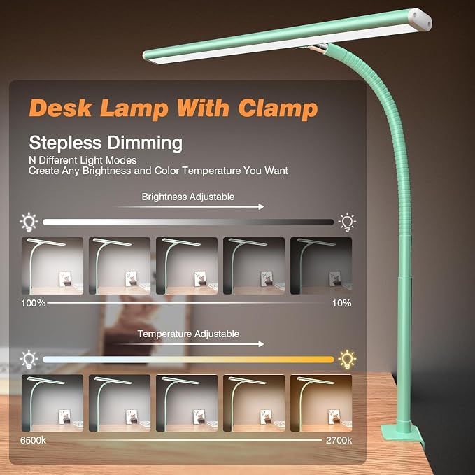 Airlonv LED Desk Lamp with Clamp, 17" Stepless Dimming Light, Mint Green | 2700K-6500K, 100 LEDs, 360° Gooseneck, Fits Up to 30" Monitors, Flicker-Free Lighting for Home Office, Study& Workbench