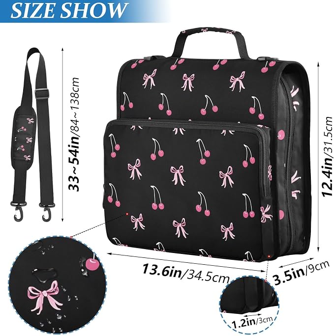 Black Pink Bow Cherry Zipper Binder Bag 3 Ring Binder with Shoulder Strap Zip Up 500 Sheets Capacity Multi Pockets for School Office Supplies