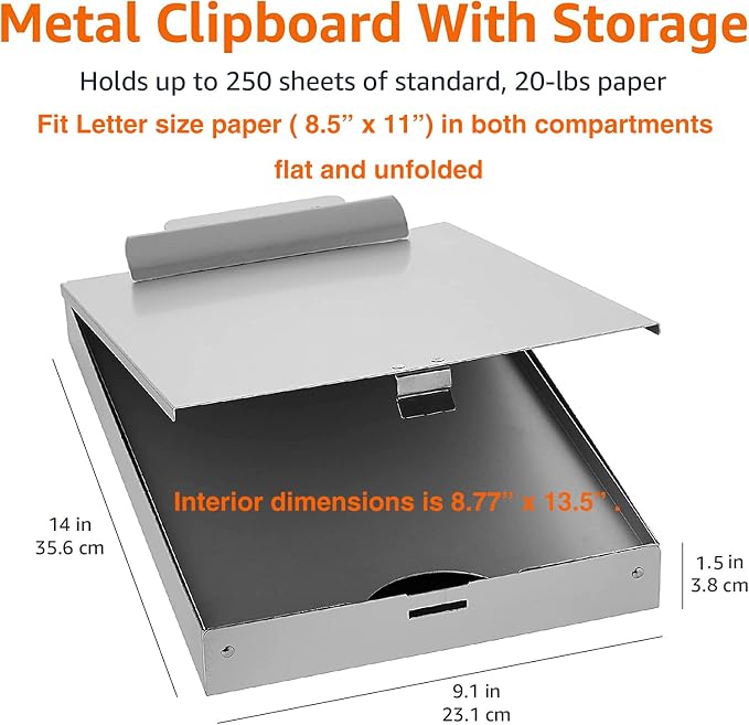 Amazon Basics Metal Clipboard with 2 Storage Compartments, Letter Size, 250 Sheet Capacity, Office Supplies with Self-Closing Latch, Silver, 10-Pack