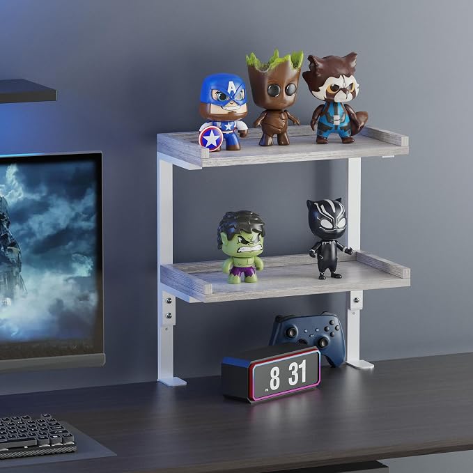 Clamp On Desk Shelf 2-Tier, Wood Shelving Unit for Office Desk/Gaming Accessories, Tabletop Book Storage Rack, Shelf for Top of Desk, Grey