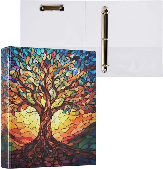 3 Ring Binder Tree of Life with Leaves 1.5 inch Binders Three Ring Binders with Clipboard Fit 8.5'' x 11'' Paper 3 Interior PVC Clear Pockets for Office Supplies