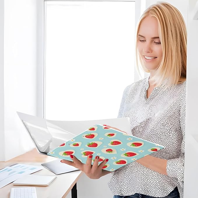 Aslsiy Floral Strawberry 3 Ring Binder 1.5 Inch Blue Dots Round Clipboard Decorative Harcover Binder Organizer for Office Supplies