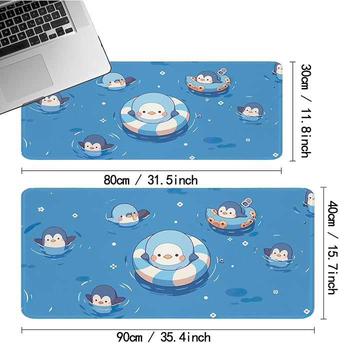 Blue Cute Anime Penguin Keyboard Pad,Non-Slip Gaming Mouse Pad,Large Size Stitched Edge Desk Pad for Office and Game X-Large（11.81"x31.49"x0.12"）