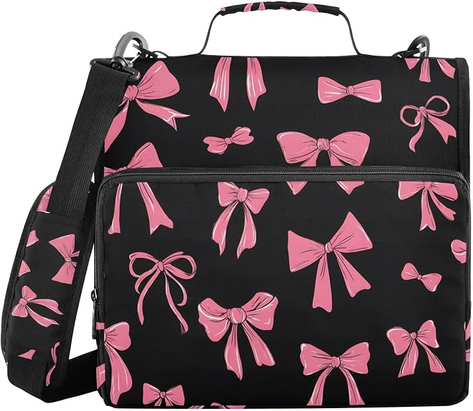 3 Ring Zipper Binder with Shoulder Strap Pink Bow Black I 2 Inch Zippered Binder Bag 500 Sheet Capacity Multi Pockets for School Supplies
