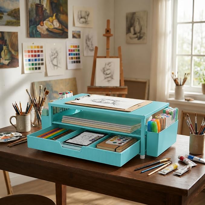ECOLOVI Desk Organizer and Accessories, 2-Tier Computer Monitor Stand Rise with Storage Drawer & 2 Pen Holders, Laptop & Printer Stand for Desktop, Workspace Organizers for Office Supplies (Blue)