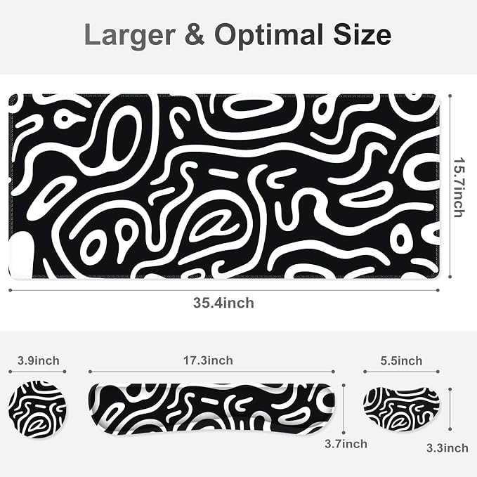 Large Gaming Mouse Pad Set, 4 in 1 Extended Keyboard Desk Mat with Wrist Rest, Computer Game Mousepad, Non-Slip Desk Pad Easy Typing Pain Relief for Home Office I Black White Topographic