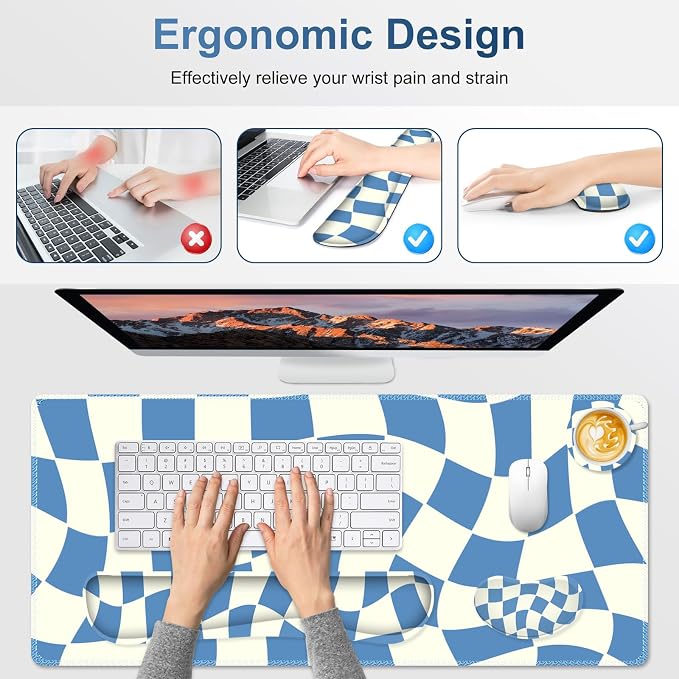 Desk Mat Pad, Gaming Mouse Pad Wrist Support Set, 4 in1 Non-Slip XXL Large Mousepad + Ergonomic Keyboard Wrist Rest+Mouse Wrist Rest+Coaster for Home Office Computer I Blue White Checker