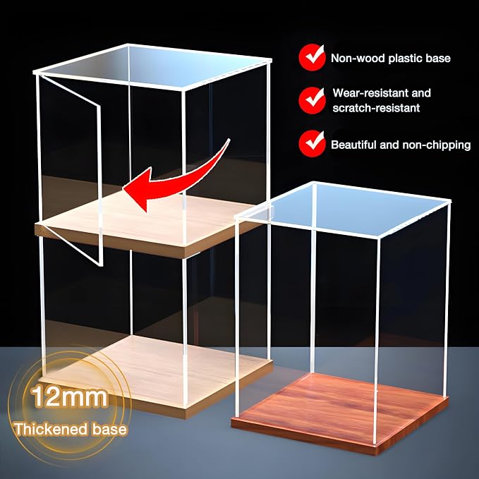 Clear Acrylic Display Case for Collectibles Assemble Transparent Acrylic Box Dustproof Protection Showcase with Wood Base and Lamp Beads,18x22x12in(Length x Width x Height)