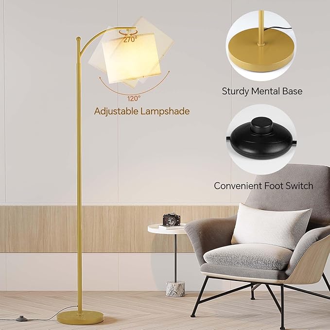 SUNMORY Arc Floor Lamp, Modern Floor Lamp with 9W 3 Color Temperatures Bulb | Metal Standing Lamps with Adjustable Hanging Lampshade,Tall Floor Lamps for Living Room,Bedroom, Gold