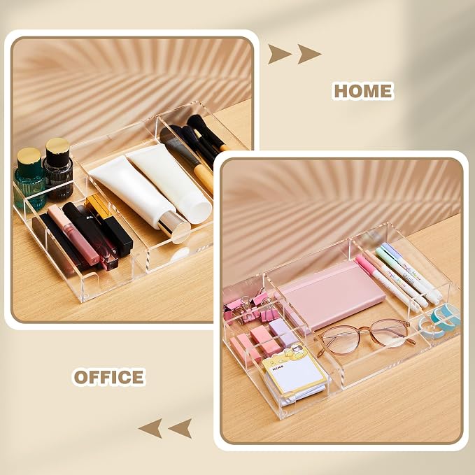 Briwooody 2 Pcs Clear Acrylic Desk Drawer Organizer 12 x 8 x 1.77 Inch Drawer Organizer Trays with 6 Compartments Desk Accessories for Office Makeup Silverware Bathroom
