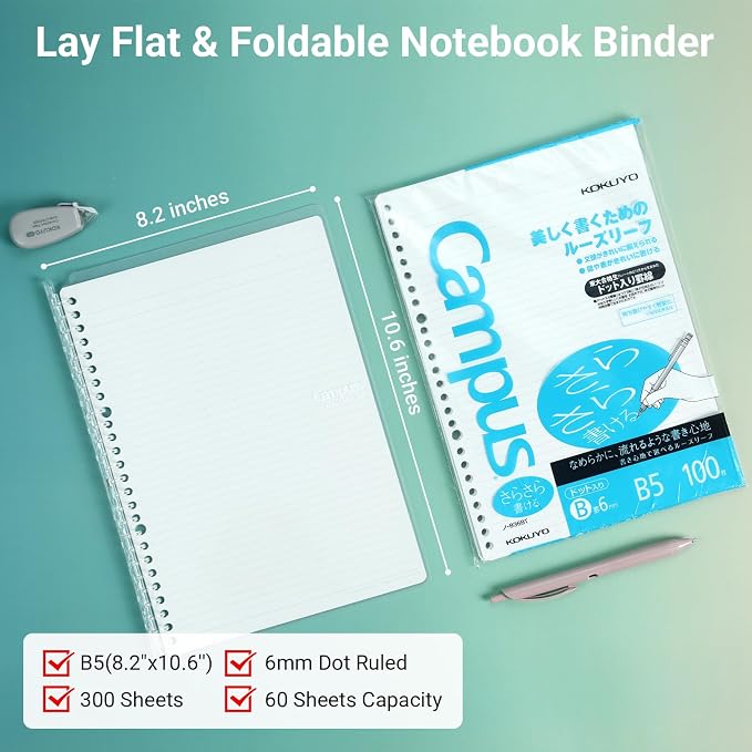 KOKUYO Campus Smart Ring Binders 5 Pack, B5 Binder Notebooks, 60 Sheets Capacity, 26 Holes Slim Binder Folder and 300 Sheets Campus Loose-leaf Paper for Work, Study and Journal