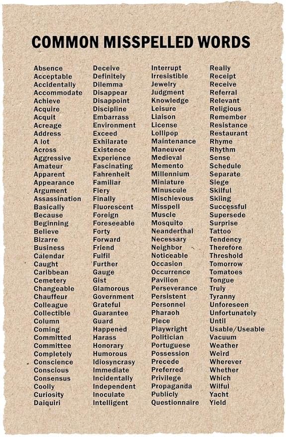 Commonly Misspelled Words Poster Writing Spelling For Elementary Middle Or High School Classroom Cool Wall Art Print Poster 16x24