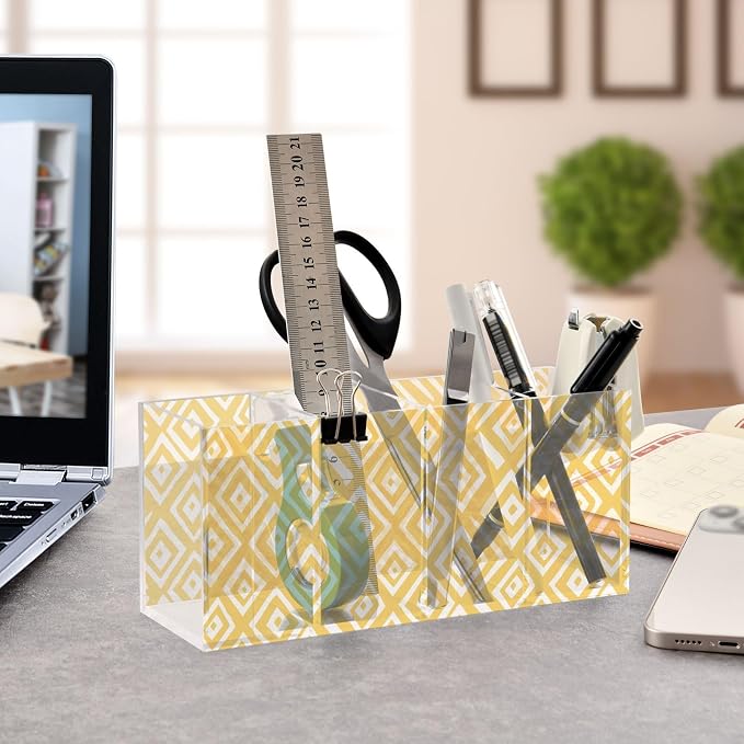 Yellow Geometric Figure Acrylic Printed Pen Holder 4 Compartments, Acrylic Plastic Pen Holder Cosmetic Brush Holder Desk Pen Holder Marker Organizer Square Acrylic Pen Holder 4 Compartments