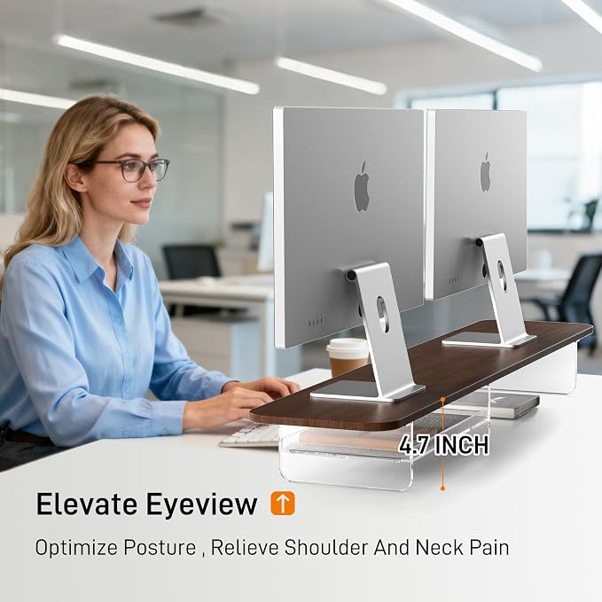 Dual Monitor Stand 43 Inch Extra Large Monitor Riser for Desk, Acrylic Clear Legs Desk Organizer Shelf with Felt Lining Storage Drawer, Compatible with Computer Laptop PC Printer Flat Screen TV