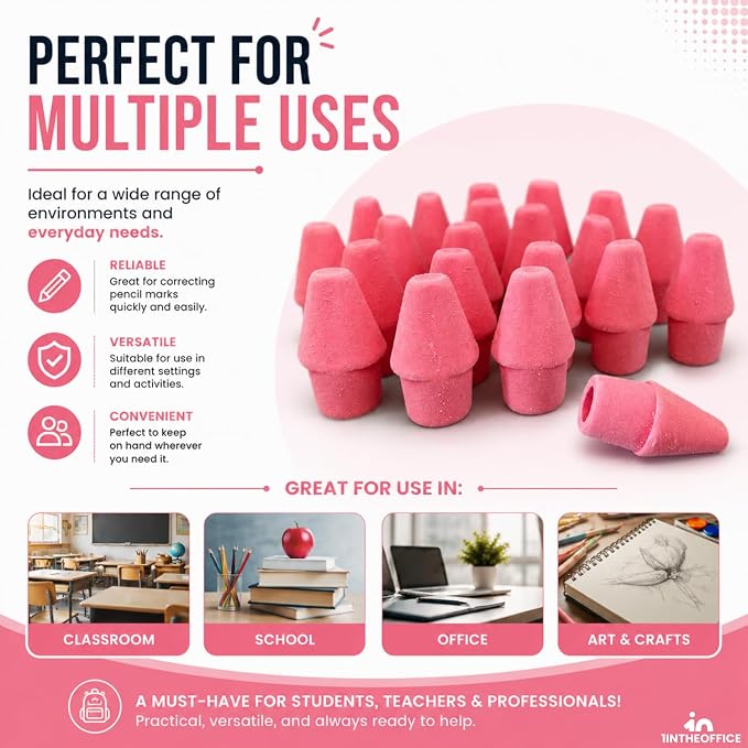 1InTheOffice Pencil Cap Erasers, Assorted Colors, Arrowhead Caps Tops Eraser, Eraser Cap for Art, School, Office Use, and Classroom Set, (Pink, 288 Pack)