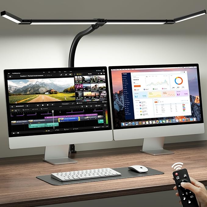 ONEMIX LED Desk Lamp with Clamp, 42-Inch 4-Panel Light for Dual Monitors | 1800 Lumens, 4 Adjustable Panels, 5 Color Temps, 5 Brightness Levels, Remote, Timer, Flicker-Free for Home Office