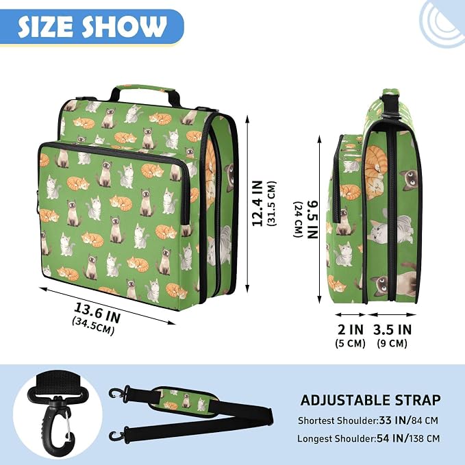 Cat Print Zipper Binder File Organizer Bag 3 D-Ring | with Shoulder Strap, Holds 500 Sheets & 14in Laptop, 3 Ring Binder for Office Supplies