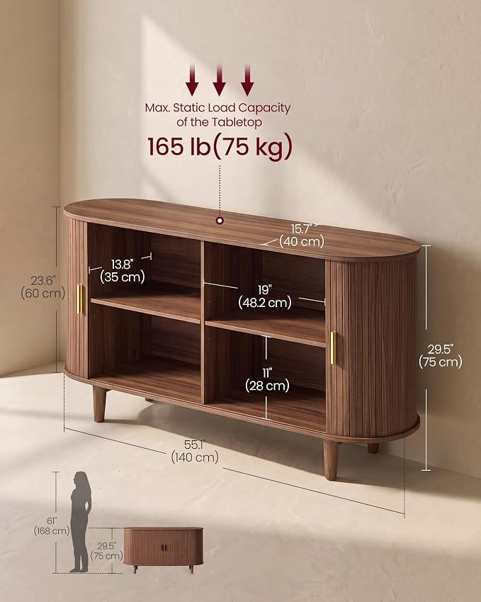 VASAGLE Storage Cabinet, Sideboard with Adjustable Shelves | Mid-Century Modern Buffet Cabinet, 55.1 x 15.7 x 29.5 Inch, for Living Room, Walnut, MIRIANA Collection ULSC631KX01
