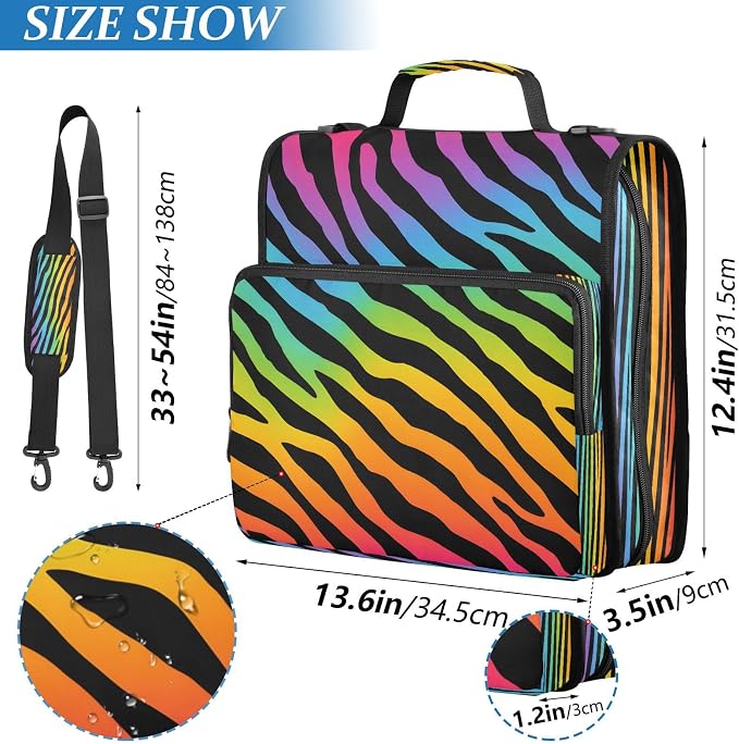 ALAZA Zipper Binder 3 Ring Colored Zebra Stripes Binder Organizer with Zipper and Shoulder Strap Large Capacity Multi-Pocket Trapper Keeper File Folder for Office Supplies