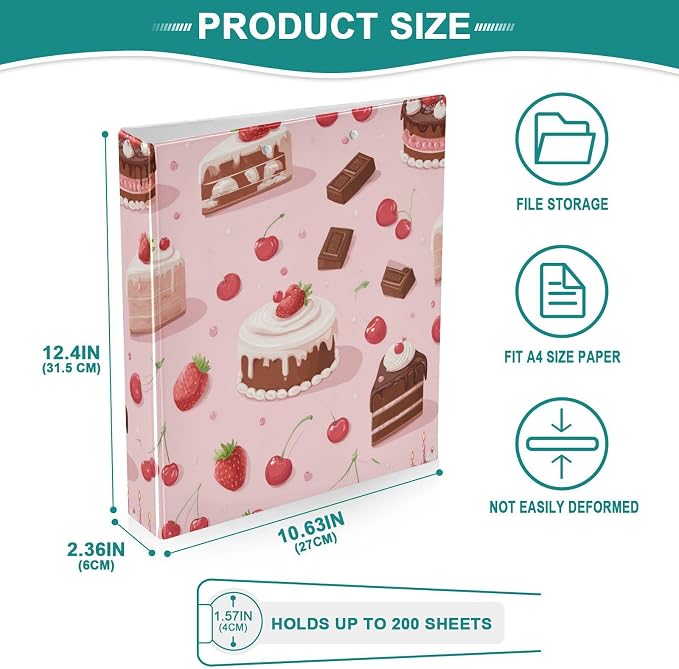 Caikeny 3 Ring Binder Cake Strawberry Dessert Chocolate 1.5 Inch Binders Round Ring Clipboard with 2 Pockets for Office Supplies
