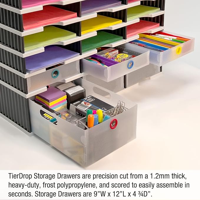 Ultimate Office TierDrop Storage Drawers, 9w x 12d x 4.75h, Set of 3, Clear | Color-coded finger rings for easy access to contents; stores desk accessories and supplies; designed for TierDrop organizers