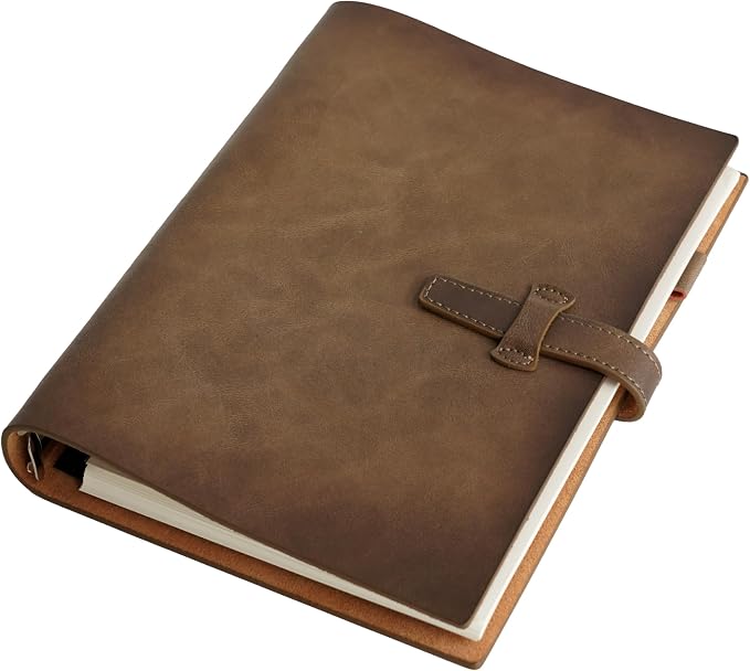 Refillable A5 Leather Binder Notebook, Reusable Leather Journal, Vintage Organizer with 6-Ring Metal Binder, 120 Pages Lined Paper & Pocket, for Writers Business Work Study College and Daily