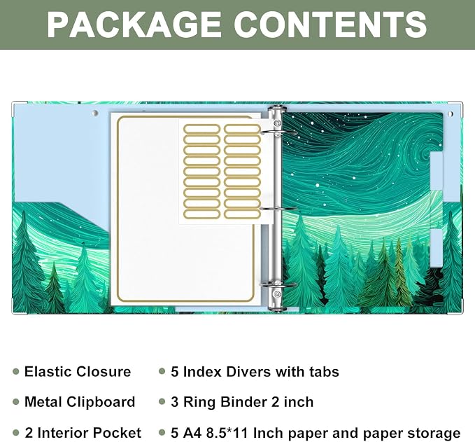 Rouidr 3 Ring Binder, 2 Inch Round Ring Binder Organizer with Clipboard, 5 Dividers Tabs, A4 8.5 x 11 Inch Paper & Clear Sleeves for School, Office Supplies