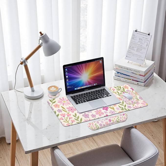 Flowers Mouse Pad Set Pastel Pink Purple Spring Gaming Mousepad 4in1 Desk Mat for Desktop Anti-Slip XXL Big Computer Ergonomic Mousepad with Wrist Support for Keyboard and Mouse