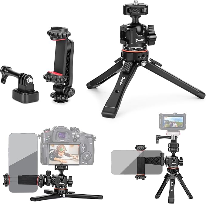 Zeadio Metal Camera Mini Tripod, with 1/4" Screw Ball Head Mount, Adjustable Heights Desktop Vlog Stand for Smooth 4 Osmo Mobile Ronin-S Vimble 2 Gimbal Handle Grip Stabilizer and All Cameras