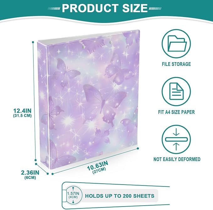 3 Ring Binder Stars and Butterflies 1.5" Round Ring Binders View Binder with 200 Sheet for Kids School Supplies Women Men Office, 1 Pack