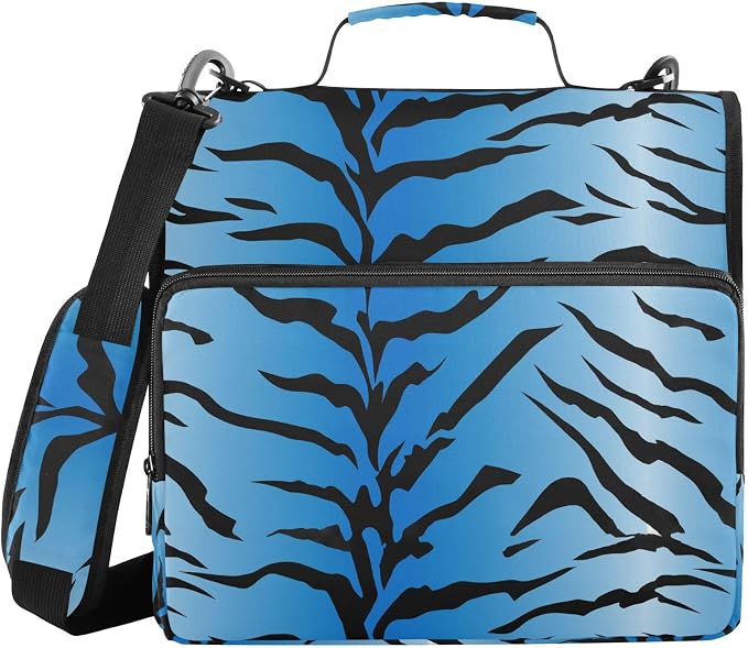 3 D-Ring Zipper Binder Bag, Blue Tiger Stripes Black Pattern Removable Binder with Zipper Case Hold 300+ Sheets& 13 Inch Laptop for School Office Supplies Organizer