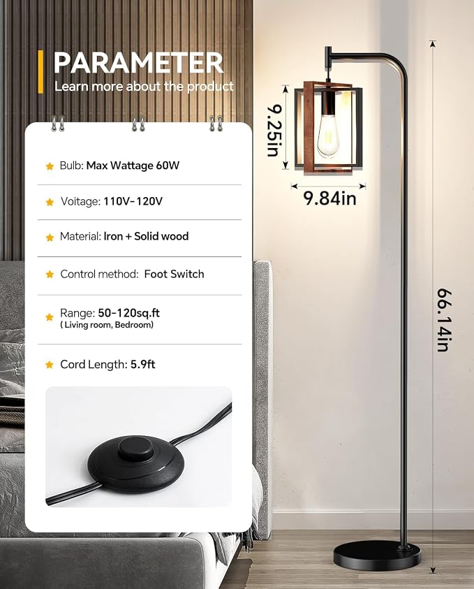 67" Industrial Floor Lamp with Wood & Black Metal Shade, Modern Standing Lamp, Rustic Farmhouse Tall Lamp for Living Room Bedroom Office, 2700K Bulb & Foot Switch Included (Black+ Wood -FL-2508)