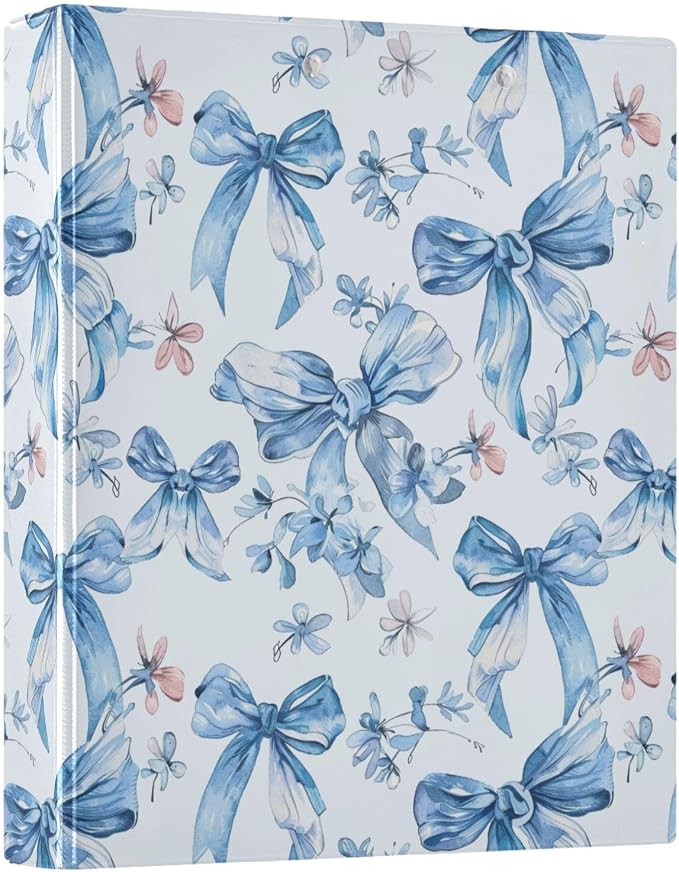 Blue Floral and Bow 3 Round Ring Binders | 1.5 Inch Binder with Clipboard, PVC Pockets, Work Organizer, Holds 200 Sheets for School Office 1 Pack