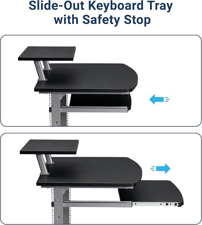 Techni Mobili Rolling Computer Desk Cart w/ Keyboard Tray & Wheels, Black | Locking casters, printer stand, office cart, compact desk, home office, small space computer workstation