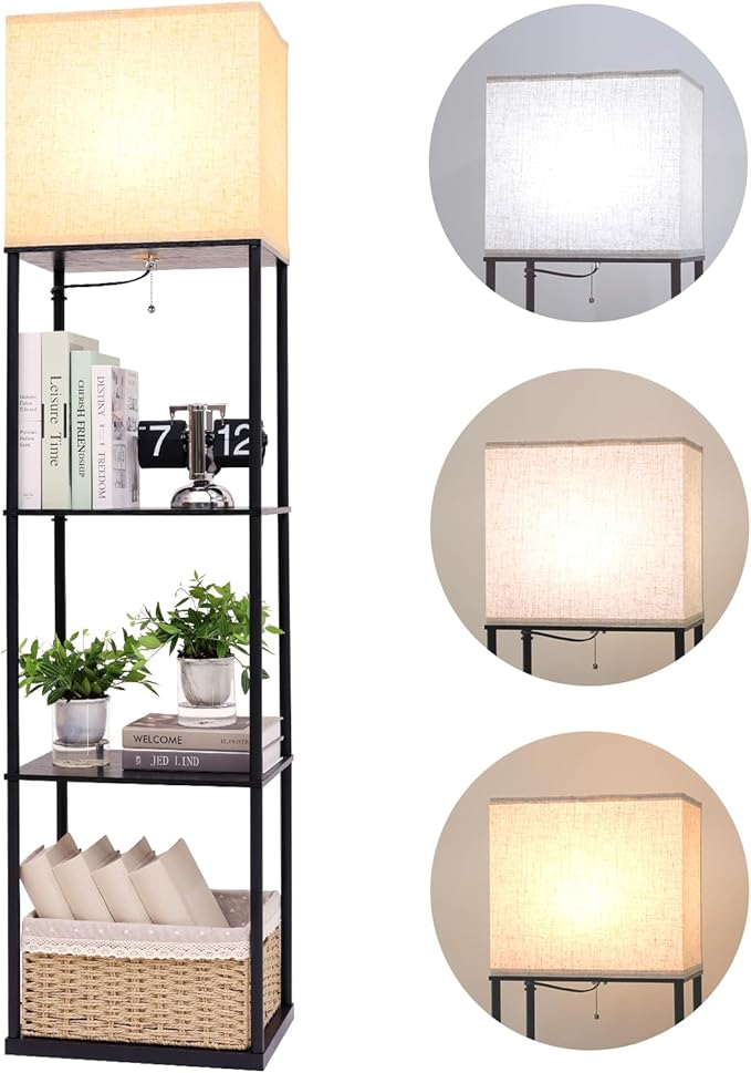 Gupuzm Floor Lamp with Shelves, Large Size Rectangle Standing Lamp with 3 Color Temperature Bulb, Corner Display Bookshelf Lamp for Living Room, Bedroom and Office (Black-9)