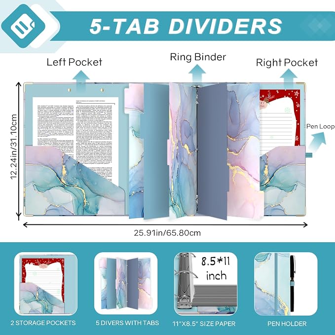 EYROZILL 3 Ring Binders 2 Inch with 5-Tab Dividers for Letter-Size 11" x 8.5" .Three Ring Binder with clipboard and File Folder Labels for School Class Office Supplies, Green Marble
