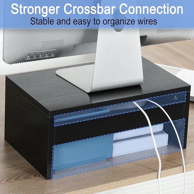TEAMIX 6.7 inch Tall Monitor Stand Riser, Wood Shelf Riser, Desk Organizer | Laptop/Printer/Computer Stand, Extra Storage Underneath, Minimalist, Modern Design, Smooth Black Finish, for Home Office