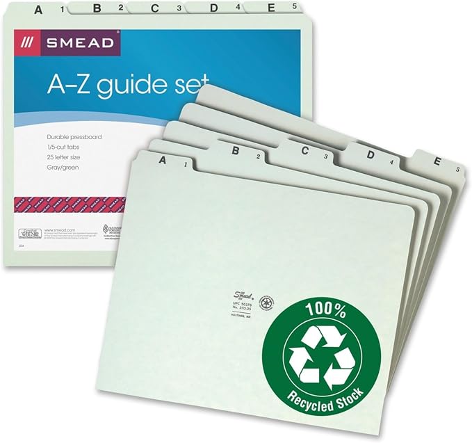 Smead Pressboard Guides, 1/5-Cut Tab (A-Z), Letter Size, Gray/Green, Set of 25 (50376) (Pack of 1)